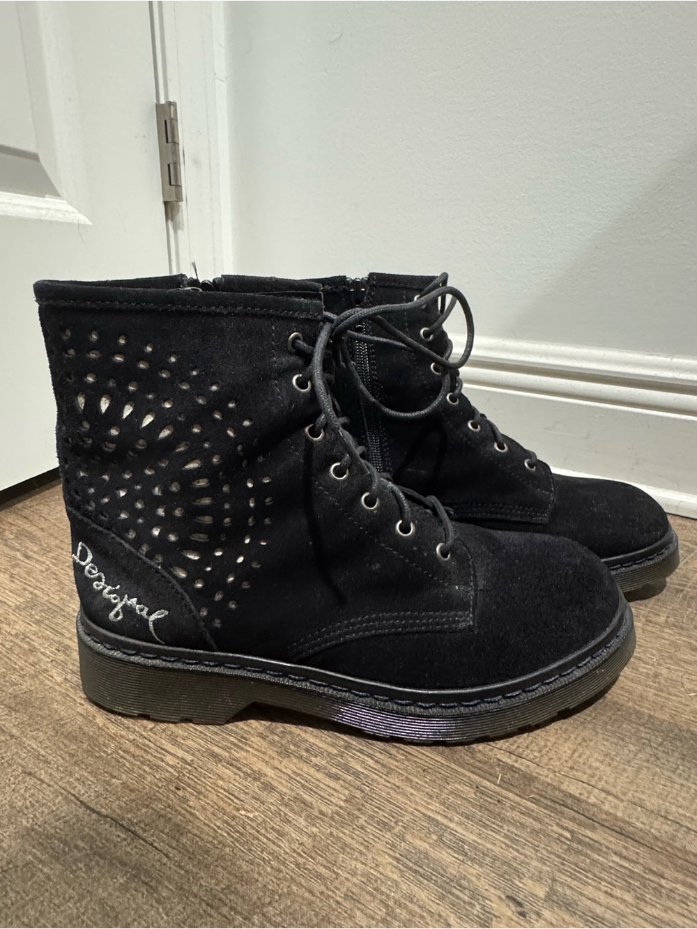 Desigual Black Suede Ankle Boots with Decorative Cutouts size EU 41/ US 10